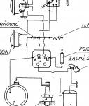 Schema elektrického zapojení s klaksonem, baterií a pojistkou, platné pro Manety od roku 1950.