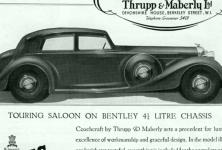 Reklama z roku 1937 na 4 1/2 litrový vůz Bentley Touring Saloon, karosovaný firmou Thrupp & Maberly Ltd., Devonshire House, Berkeley Street, W.1.