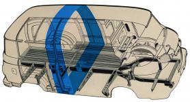Schematická kresba z reklamního prospektu, názorně ukazující princip nosné „tunelové“ skořepiny, která byla základem konstrukce samonosné karoserie Barkasu B 1000.