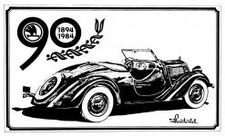 Kresba roadsteru Popular k 90. výročí továrny (1894-1984) - autor Petr Hošťálek.