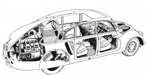 Dobová firemní kresba, ukazující vnitřní uspořádání aerodynamického vozu Tatra 87.