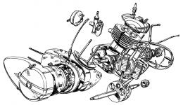 Dvoupstov motor Manet 90 v rozloenm stavu.