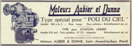 Reklama na leteck motory Aubier & Dunne se zdraznnm, e tento dvouvlec je specieln pro 